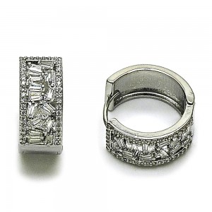 Gold Filled Huggie Hoop Baguette Design with White Cubic Zirconia Polished Rhodium Finish