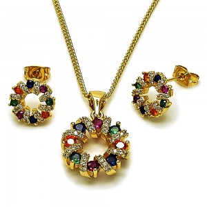 Gold Filled Earring and Pendant Set with Multicolor Cubic Zirconia Polished Golden Finish