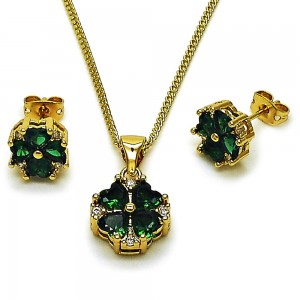 Gold Filled Earring and Pendant Set with White and Green Cubic Zirconia Polished Golden Finish