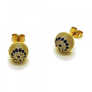 Gold Filled Stud Earring Ball Design with Sapphire Blue and White Micro Pave Polished Golden Finish