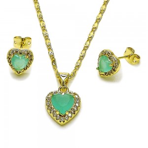Gold Filled Earring and Pendant Set Heart and Cluster Design with Light Turquoise and White Cubic Zirconia Polished Golden Finish
