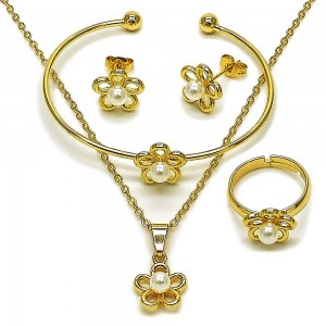 Gold Filled Earring and Pendant Children Set  Flower Design with Ivory Pearl Polished Golden Finish