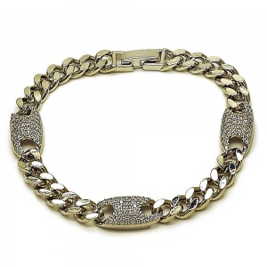 Gold Filled Fancy Bracelet Puff Mariner and Miami Cuban Design with White Cubic Zirconia Polished Rhodium Finish 7 Inches Length