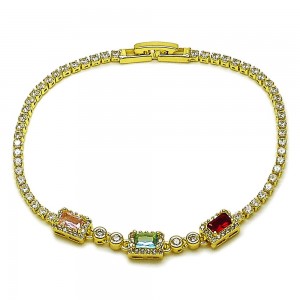 Gold Filled Fancy Bracelet Cluster and Baguette Design with Multicolor and White Cubic Zirconia Polished Golden Finish 2 MM Thickness 7 Inches Length