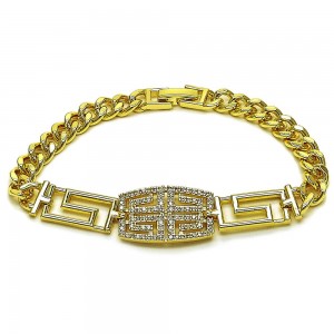 Gold Filled Fancy Bracelet Greek Key and Miami Cuban Design with White Micro Pave Polished Golden Finish 7 Inches Length