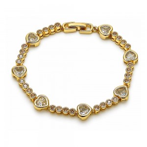 Gold Filled Tennis Bracelet Heart Design with White Cubic Zirconia Polished Golden Finish