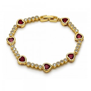Gold Filled Tennis Bracelet Heart Design with Garnet and White Cubic Zirconia Polished Golden Finish