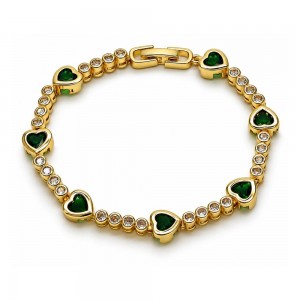 Gold Filled Tennis Bracelet Heart Design with Green and White Cubic Zirconia Polished Golden Finish