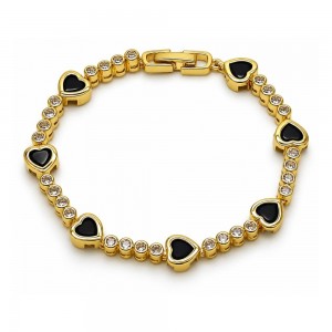 Gold Filled Tennis Bracelet Heart Design with Black and White Cubic Zirconia Polished Golden Finish