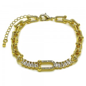 Gold Filled Fancy Bracelet Baguette Design with White Cubic Zirconia and White Micro Pave Polished Golden FinishM7 MM Thickness 8 Inches Length