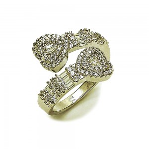 Gold Filled Multi Stone Ring Heart and Baguette Design with White Cubic Zirconia and White Micro Pave Polished Rhodium Finish One size fits all