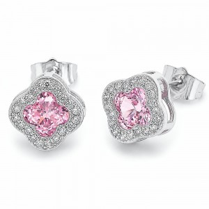 Gold Filled Stud Earrings Four-leaf Clover Design with Pink Cubic Zirconia and White Micro Pave Polished Rhodium Finish