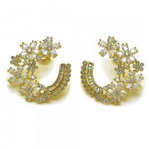 Gold Filled Stud Earring Flower and Baguette Design with White Cubic Zirconia and White Micro Pave Polished Golden Finish