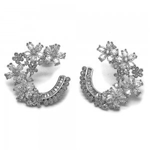 Gold Filled Stud Earring Flower and Baguette Design with White Cubic Zirconia and White Micro Pave Polished Rhodium Finish