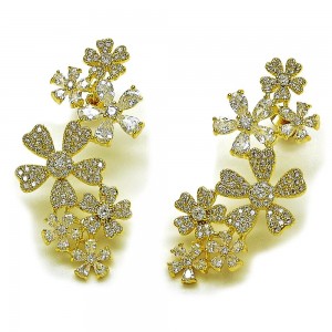 Gold Filled Stud Earring Flower Design with White Cubic Zirconia and White Micro Pave Polished Golden Finish