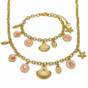 Gold Filled Necklace and Bracelet Shell and Fish Design with Ivory Pearl Dark Pink Enamel Finish