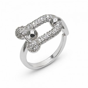 Gold Filled Rhodium Multi Stone Ring Oval Bar Design with White Micro Pave Polished Rhodium Finish