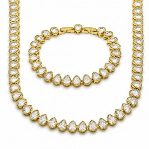 Gold Filled Necklace and Bracelet Pear-Shaped Design with White Cubic Zirconia Polished Golden Finish