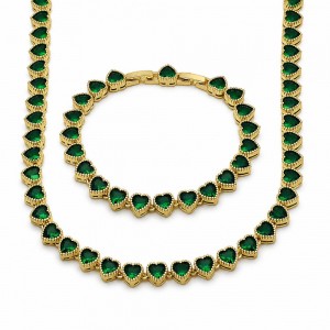 Gold Filled Necklace and Bracelet Heart Design with Emerald Green Cubic Zirconia Polished Golden Finish
