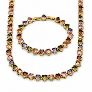 Gold Filled Necklace and Bracelet Heart Design with Multicolor Cubic Zirconia Polished Golden Finish