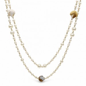 Gold Filled Fancy Necklace Shell and Ball Design with Ivory Pearl and Ivory Mother of Pearl Polished Golden Finish