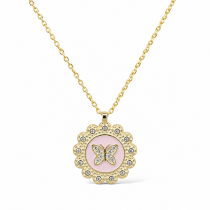 Sterling Silver Yellow Gold Plating Butterfly Necklace With Enamel & Cubic Zirconia