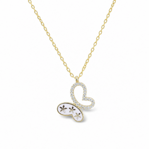 Sterling Silver Yellow Gold Plated Butterfly Necklace With Pink Enamel & Cubic Zirconia