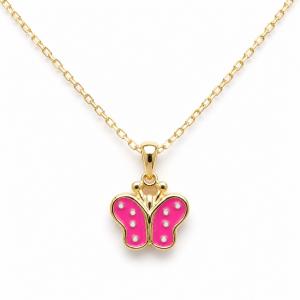 Sterling Silver Yellow Gold Plated Butterfly Necklace With Hot Pink Enamel