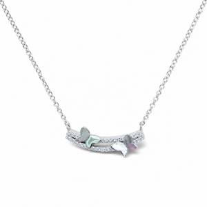Sterling Silver Rhodium Plated Butterfly Bar Necklace With Cubic Zirconia