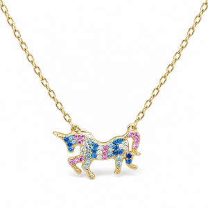 Sterling Silver Rhodium & Yellow Gold Plated Unicorn Necklace With Micropave Cubic Zirconia