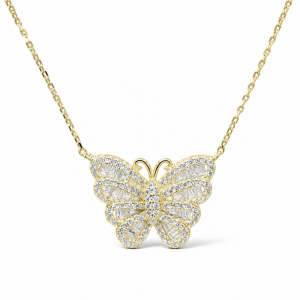 Sterling Silver Rhodium & Yellow Gold Plated Butterfly Necklace With Cubic Zirconia