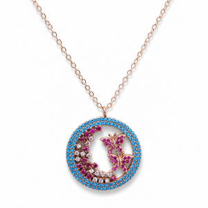 Sterling Silver Rose Gold Plated Round Butterfly Necklace With Turquoise, Ruby & Cubic Zirconia