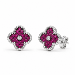 Sterling Silver Rhodium Plated Four Leaf Flower Design Push Back Studs With Cubic Zirconia