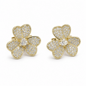 Sterling Silver Yellow Gold Plated Flower Push Back Studs With White Cubic Zirconia