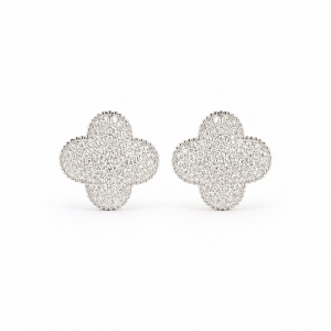 Sterling Silver Rhodium Plated Four Leaf Push Back Stud Earrings With Cubic Zirconia
