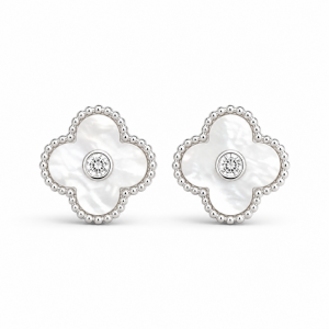 Sterling Silver Rhodium Plated Four Leaf Push Back Stud Earrings With Mother Of Pearl & Cubic Zirconia