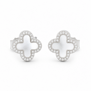 Sterling Silver Rhodium & Yellow Gold Plated Four Leaf Push Back Stud Earrings With Mother Of Pearl & Cubic Zirconia