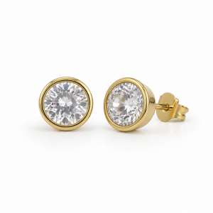 Sterling Silver Rhodium Plated 4mm Bezel Studs Pushback With Cubic Zirconia