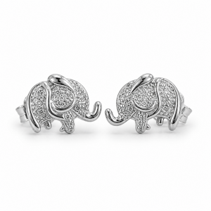 Sterling Silver Rhodium Plated Elephant Pushback Stud Earrings With Cubic Zirconia