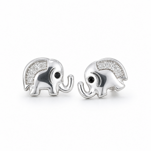 Sterling Silver Rhodium Plated Elephant Pushback Stud Earrings With Cubic Zirconia