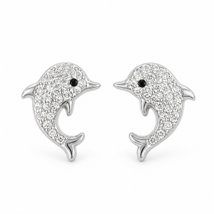 Sterling Silver Rhodium Plated Dolphin Pushback Studs With Cubic Zirconia