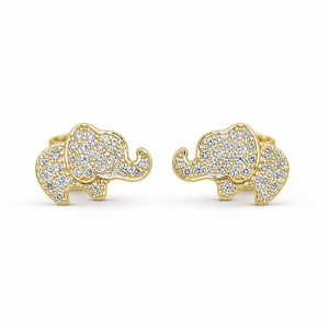 Sterling Silver Rhodium & Yellow Gold Plated Elephant Pushback Stud Earrings With Cubic Zirconia