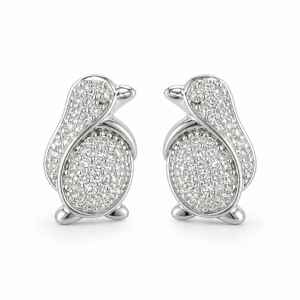 Sterling Silver Rhodium Plated Penguin Pushback Studs With Cubic Zirconia