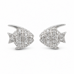 Sterling Silver Rhodium Plated Fish Pushback Studs With Cubic Zirconia