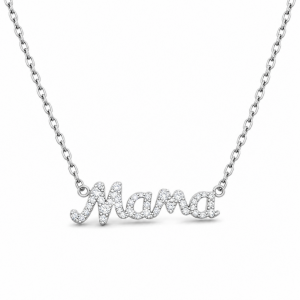 Sterling Silver Rhodium & Yellow Gold Plated Mama Necklace With Cubic Zirconia