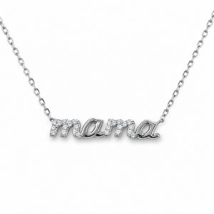 Sterling Silver Rhodium Plated Mama Necklace With Cubic Zirconia