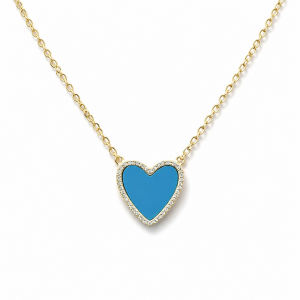 Sterling Silver Rhodium & Yellow Gold Plated Heart Necklace With Turquoise & Cubic Zirconia