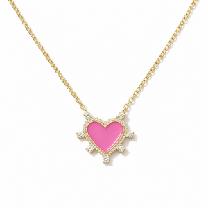 Sterling Silver Yellow Gold Plated Small Heart Necklace With Enamel & Cubic Zirconia