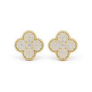 Sterling Silver Yellow Gold Plated Four Leaf Push Back Stud Earrings With Cubic Zirconia