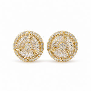 Sterling Silver Yellow Gold Plated Flower Push Back Stud Earrings With Cubic Zirconia